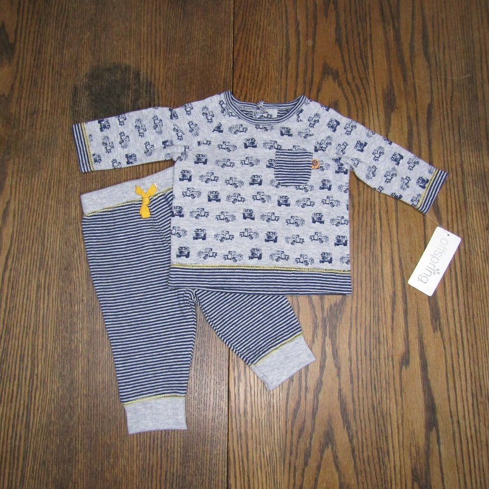 Offspring baby boys 2 piece gray & navy blue long sleeve outfit size 3 mo trucks